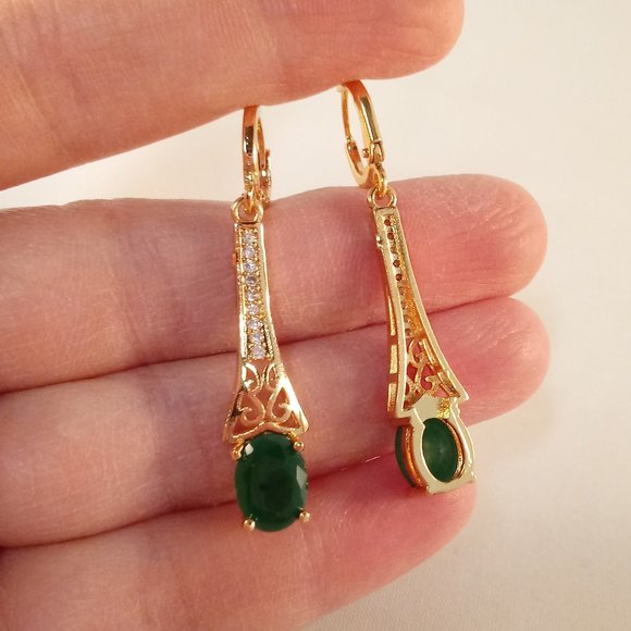 18K Yellow Gold Filled Emerald Green Diamond Zircon Dangle Earrings 1.86ctw - Picture 3 of 3